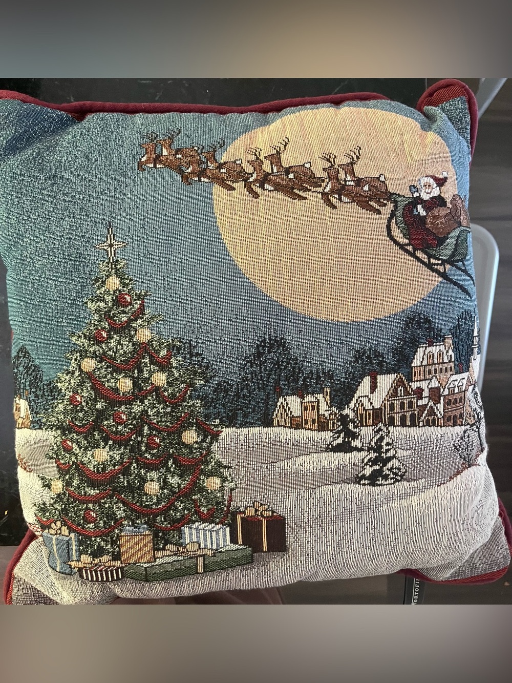 Portobello vintage Christmas Tapestry Throw Pillow Santa Winter Village 18”